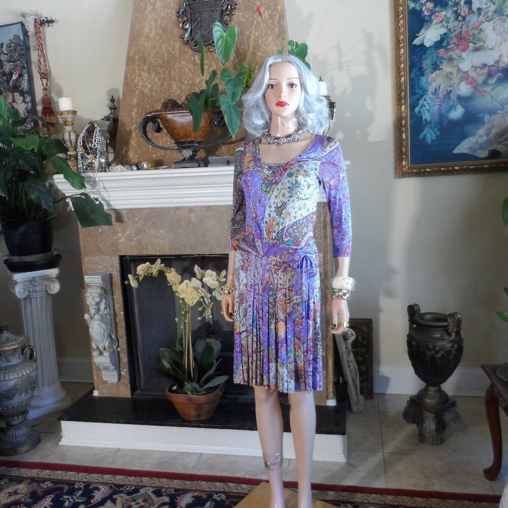 Etro Milano Multi-Color Pasley Printed Pleated Self-Belted Dress Size IT 38 US 2